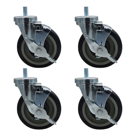 Bk Resources 5-inch Threaded Stem Casters, Polyurethane Wheels, Brake, 300lb Capacity, Acid Resistant, 4PK 5SBR-4ST-PLY-PS4